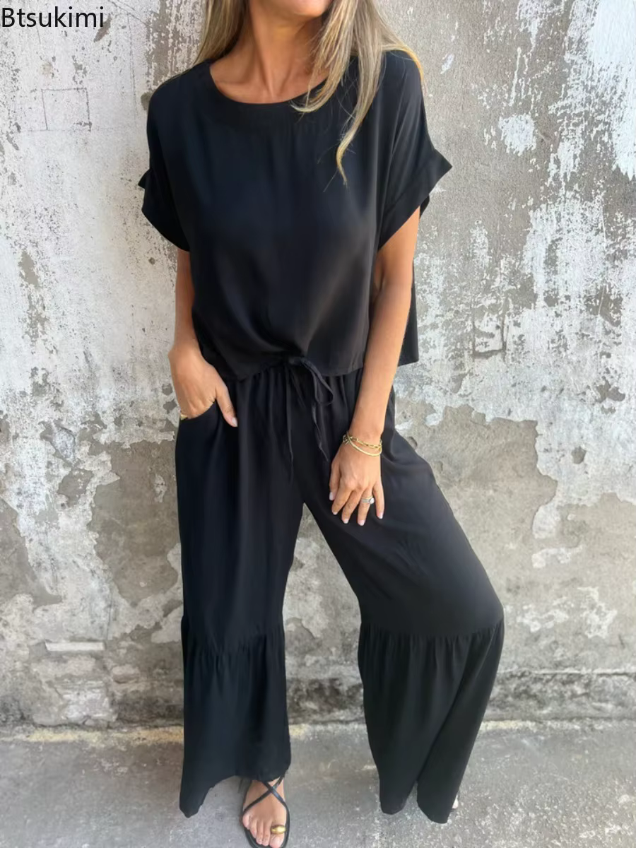 Nouveaux ensembles 2 pièces pour femmes : T-shirts amples à manches courtes et pantalons longs à volants