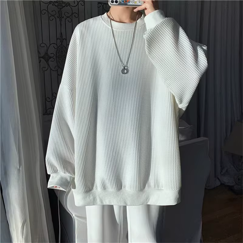 Gaufre à manches longues couleur unie T-shirt pour hommes au printemps et en automne 2025 décontracté