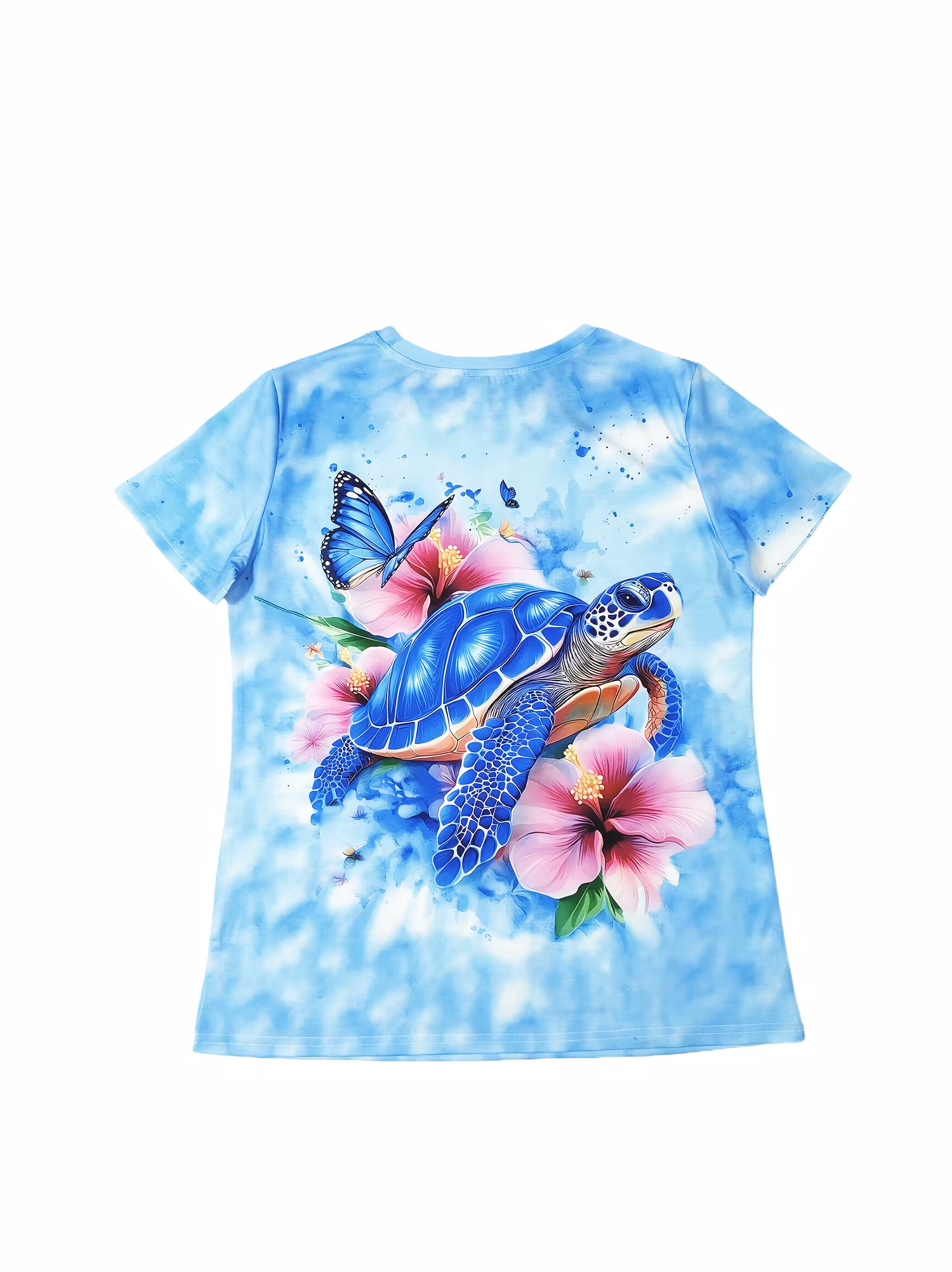T-shirt bleu clair pour femme - Imprimé tortue bleue et hibiscus