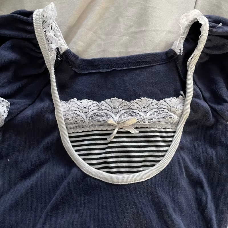 Kawaii Bow dentelle garniture T-shirt Vintage rayé Patchwork coupe ajustée haut court Y2K esthétique fée Grunge rétro pull t-shirts femmes