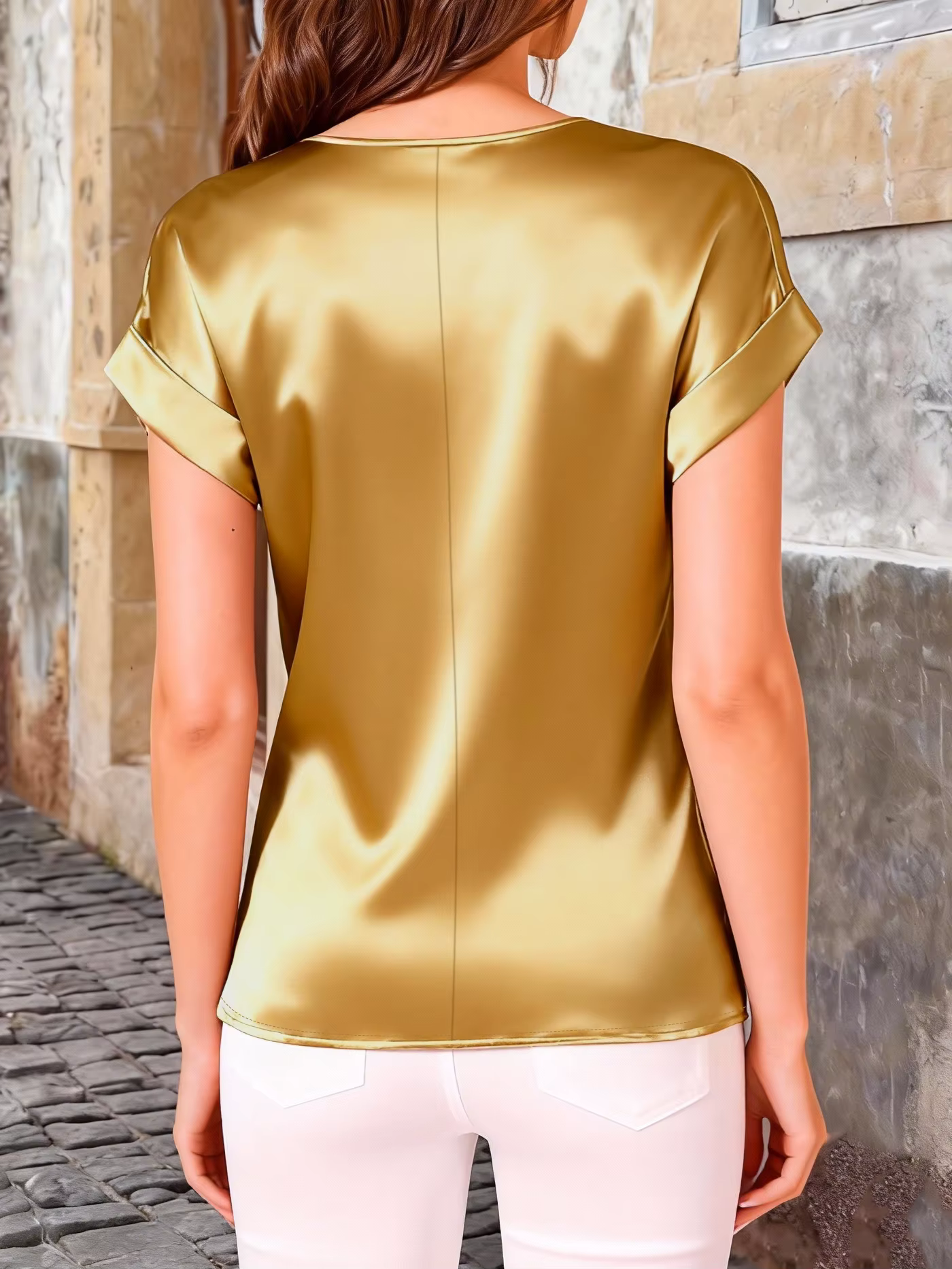 T-shirt élégant à manches chauve-souris en satin massif – Haut ample pour femme