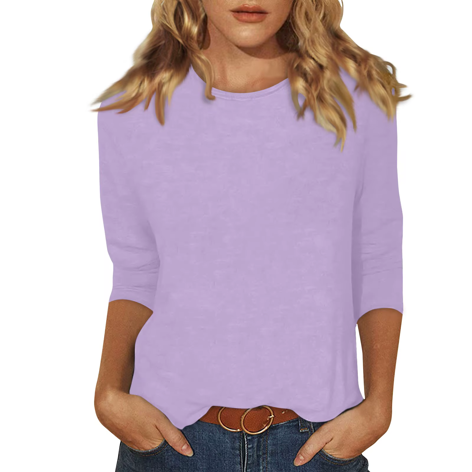 Femmes été hauts col rond trois quarts manches confortable impression t-shirt Blouse