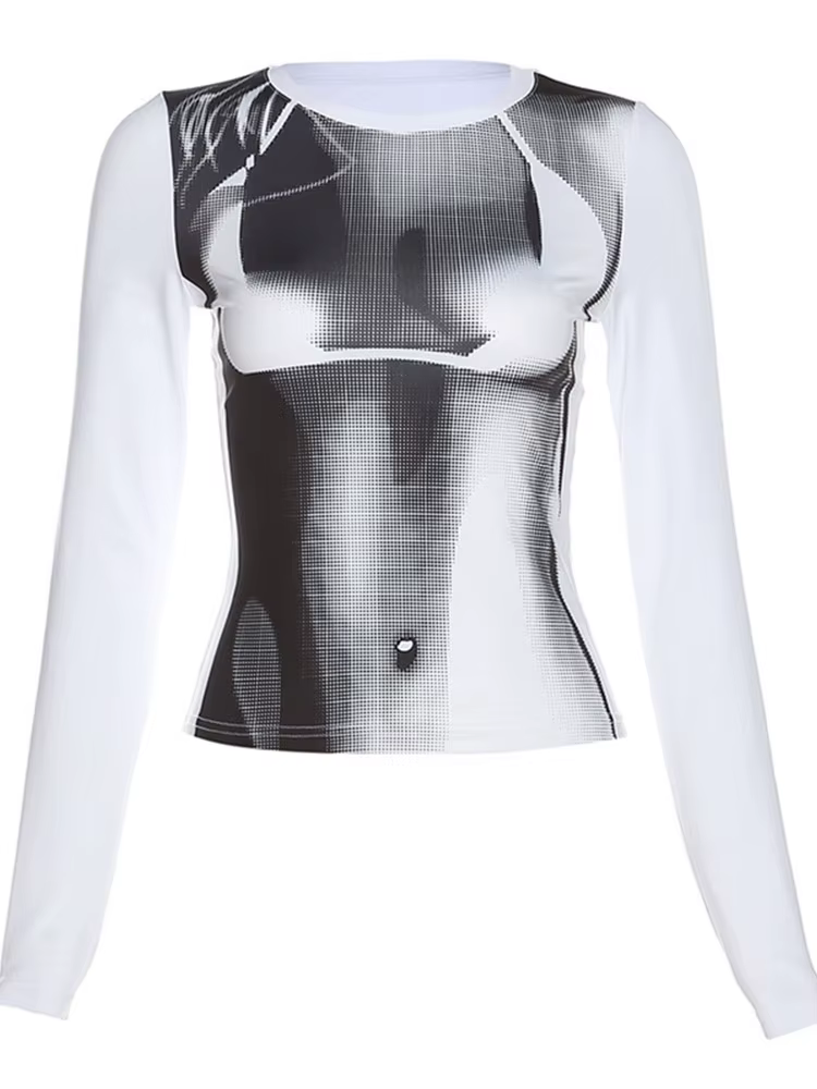 Body imprimé culture t-shirts femmes automne printemps Y2K mode coréenne à manches longues col rond haut maigre t-shirt Streetwear