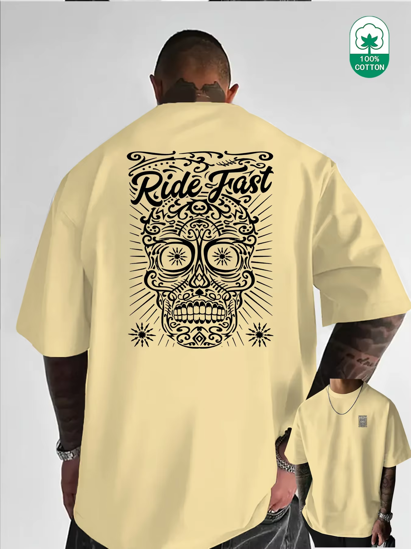 T-shirt Homme Oversize à Motif Crâne 100% Coton Grande Taille Style Urbain Rétro Tatouage Décontracté Respirant Manches Courtes