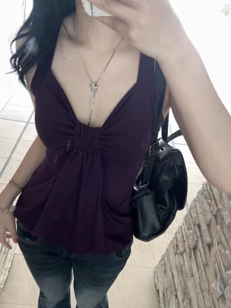 Aoaiiys Débardeur Violet Plissé Halter pour Femme