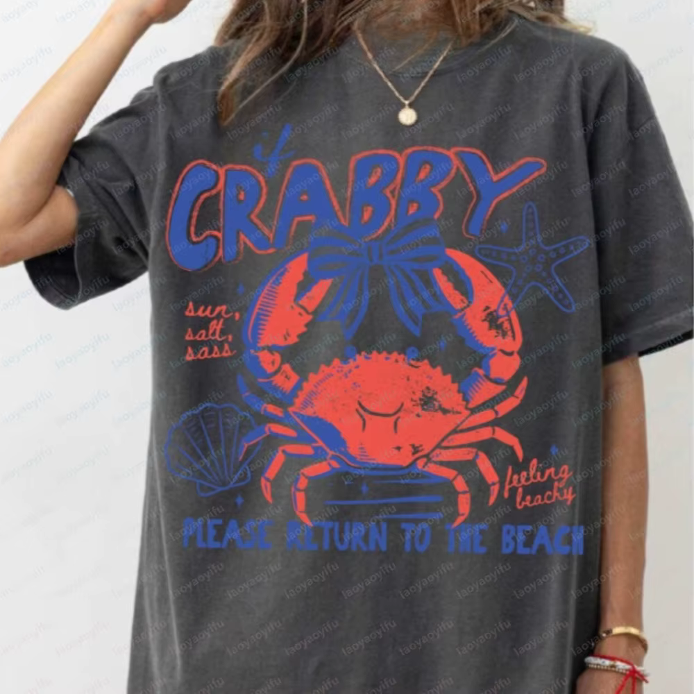 T-shirt Crab Beach, humoristique, pour les vacances en bord de mer, vêtements d'été sur le thème de la vie marine, vêtements pour femmes, t-shirts graphiques, t-shirts oversize, hauts