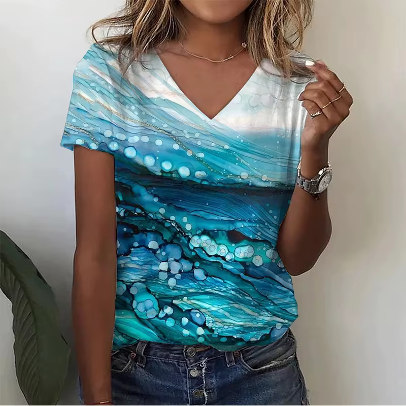 Sea Animal Graphic T-shirt Women Summer Sea Beach T Shirts Y2k Tops Woman V-Neck Tees Short Sleeve Oversized Men Kids Clothing