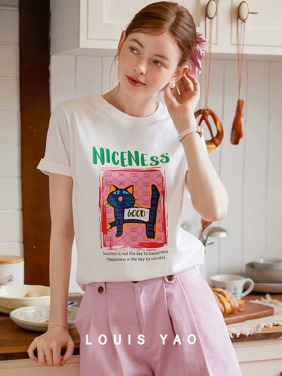 LOUIS YAO T-shirt imprimé 2025 été décontracté coton motif chat manches courtes col rond ample femmes