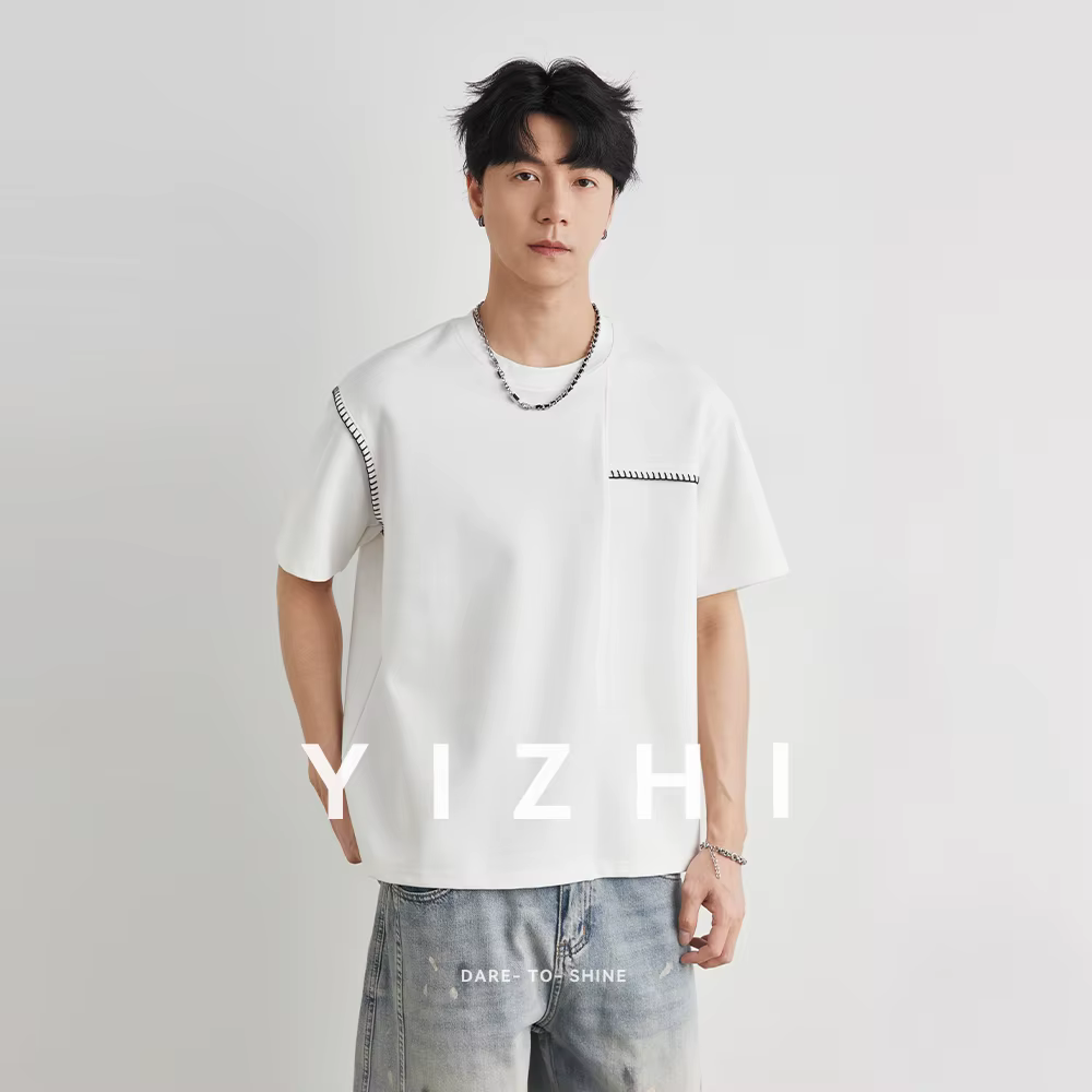T-shirt Homme Tendance à Manches Courtes avec Détails de Couture