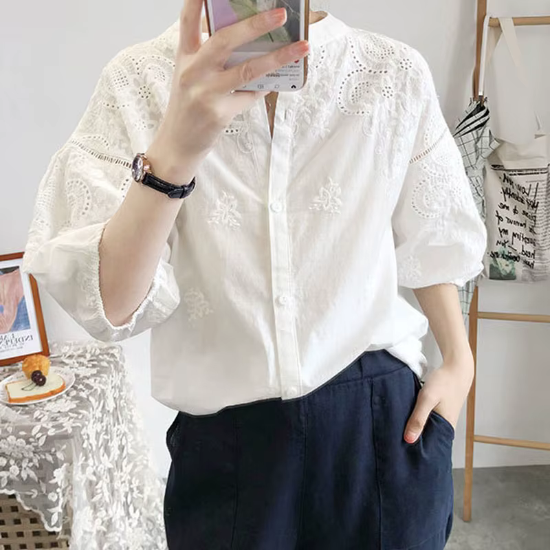 TEELYNN blanc coton broderie florale Blouse chemises pour haut pour femme chemise Vintage Blouses été 2025 Boho décontracté dames Blusas