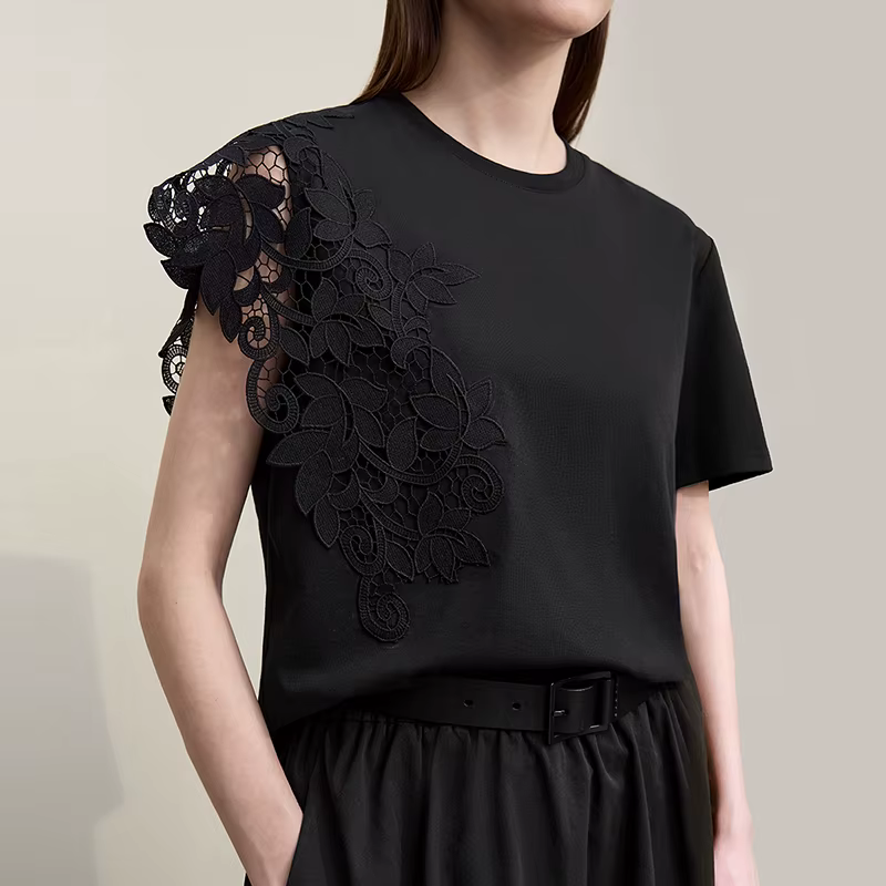 T-shirt Amii 2026 Nouvelle Collection Été Col Rond Coton Anti-Transpiration Dentelle Asymétrique Ample Manches Courtes Pour Femme 12642023