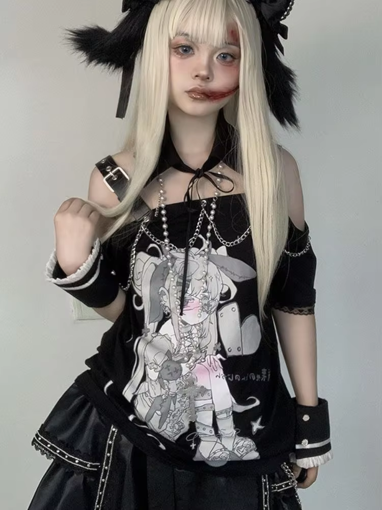 Économie College de dessins animés japonais pour femmes, T-shirt Harajuku Kawaii, Dégradé, Décontracté, Grunge, Esthétique, Off Initiated, Y-Summer, Y2k