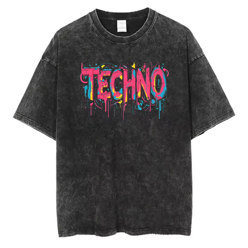 T-shirt Cool Techno à Imprimé Lettres, Coton Lavé, Manches Courtes, Style Rétro Délavé à l'Acide, Coupe Ample, Streetwear d'Été