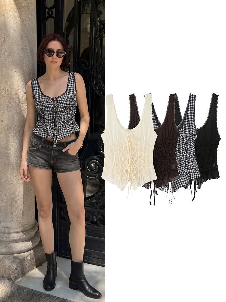 Débardeur Corset en Chiffon Plissé à Bretelles et Dentelle Style Français HH pour Femme