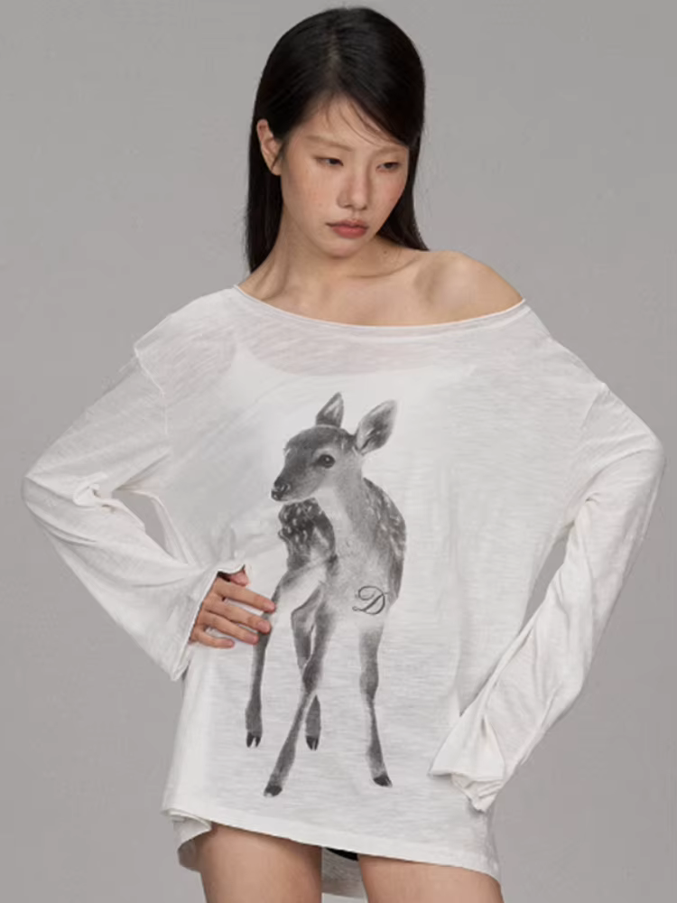 Protection solaire dessin animé impression T-shirt femmes Y2k esthétique col incliné décontracté