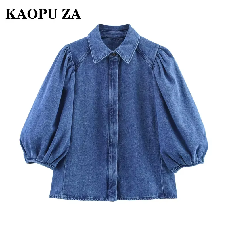 Kaopu printemps été 2025 mode rétro décontracté chemise pour femme Design Simple haut boutonné coton Polyester mélange coupe ajustée