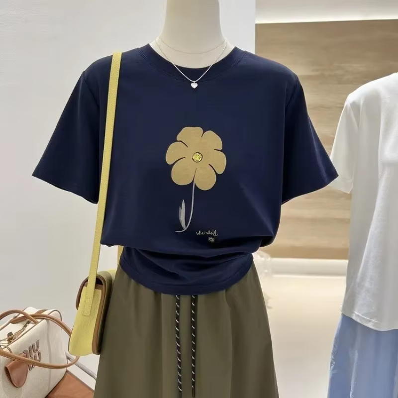T-shirt à manches courtes imprimé Floral bleu marine pour femmes