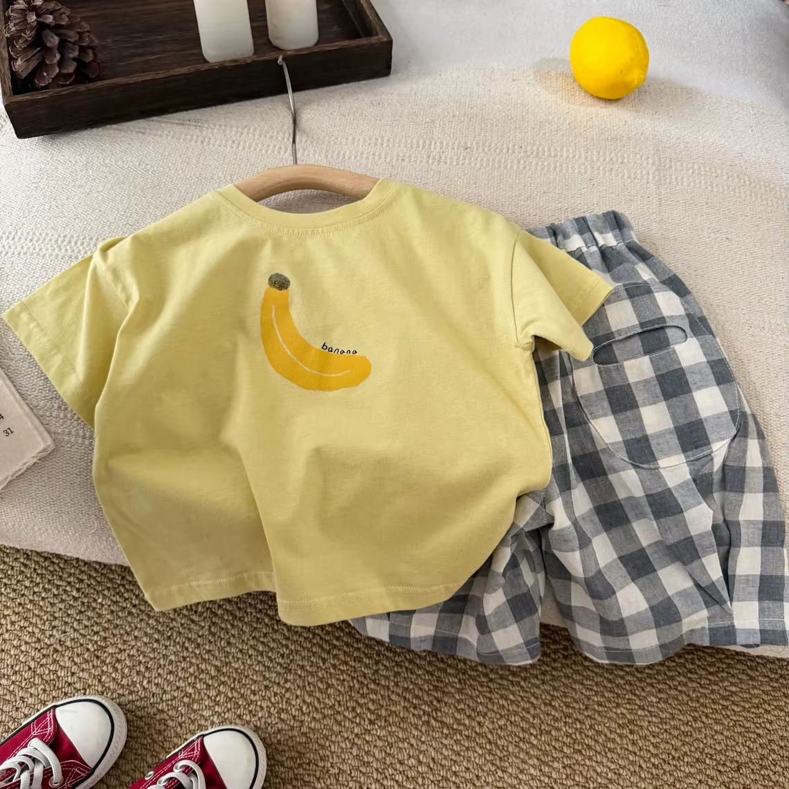 T-shirt Apple Banana pour garçons et filles, vêtements d'été mignons, col rond, haut en pur coton, t-shirts blancs et jaunes pour tout-petits