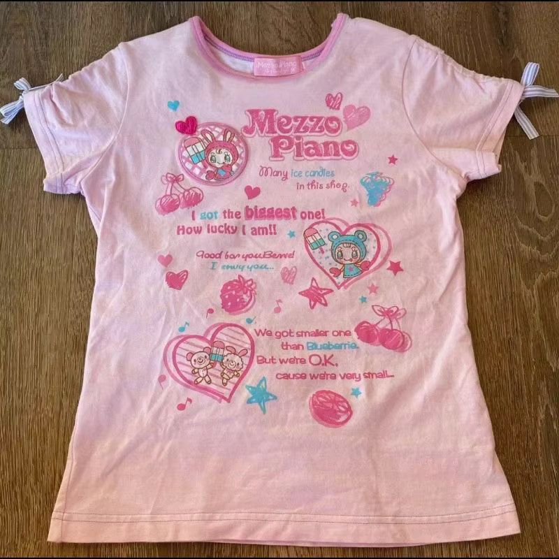 T-shirt rose imprimé dessin animé japonais Kawaii