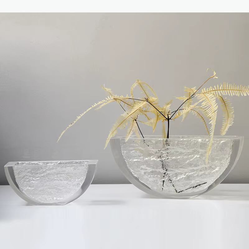 Vase transparent semi-circulaire à texture glacée, pots à fleurs, décoration de bureau, arrangement de fleurs, vases floraux, décoration esthétique de la pièce