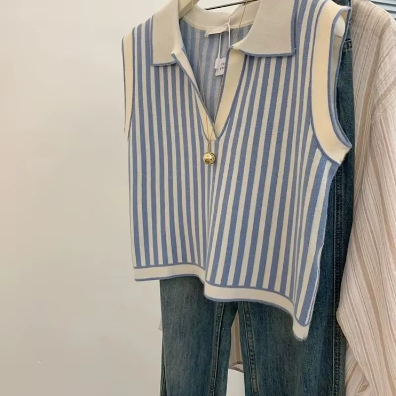 Haut sans manches à col jeune rayé bleu pour femmes