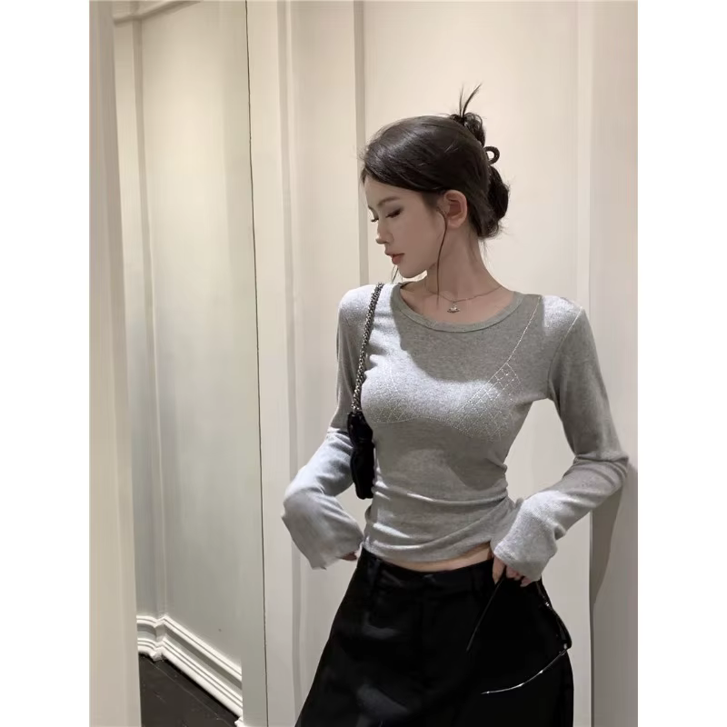 Haut orné de strass pour femme, col rond, coupe ajustée, manches longues