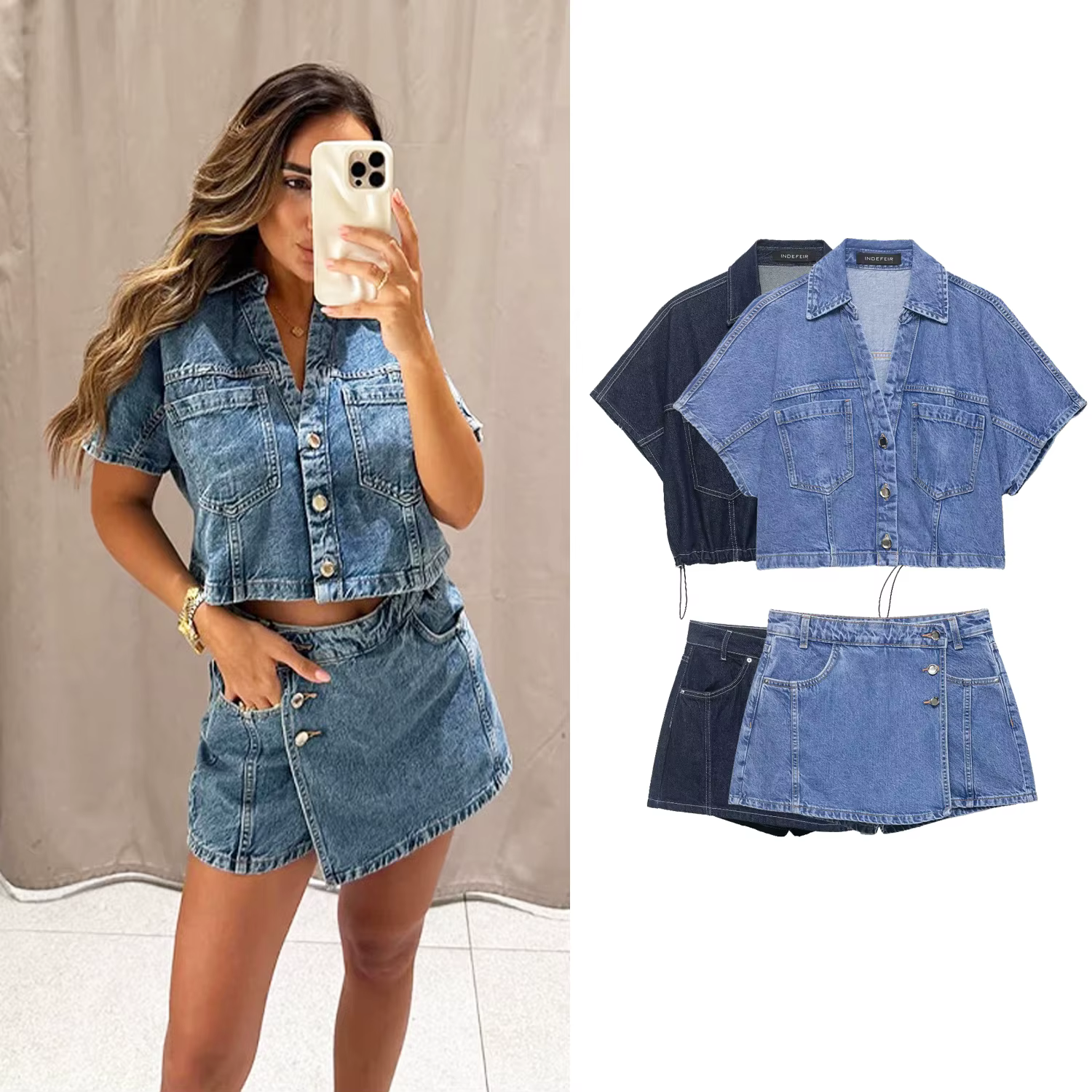 Ensembles de shorts en jean chics pour femmes ou chemises à manches courtes amples à col en V boutonnées ou t-shirts
