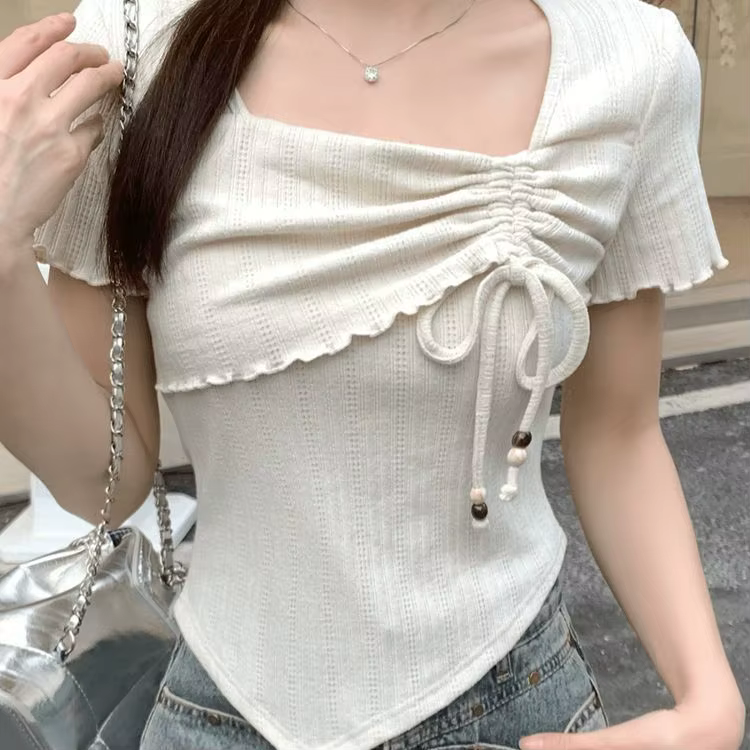 T-shirt à col carré et manches courtes pour femme, haut d'été