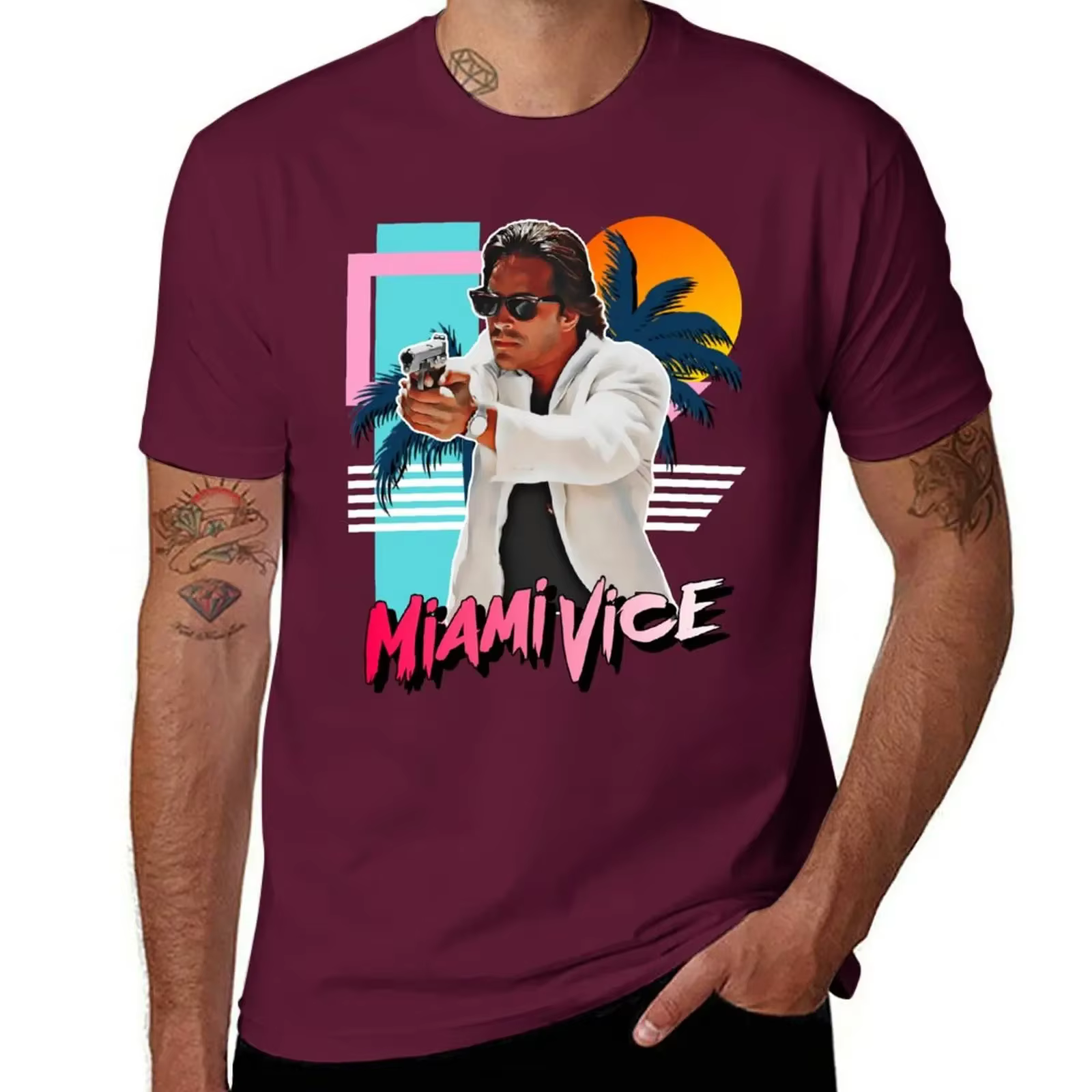 T-shirt Rétro Miami Vice Années 80 Hommage à Sonny Crockett – Haut d'été à Manches Courtes pour Homme