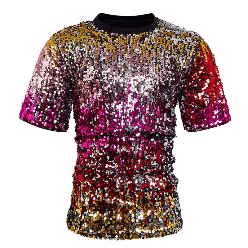 T-shirts à sequins colorés à manches courtes pour hommes, collection 2026, parfaits pour les soirées brillantes et les spectacles sur scène