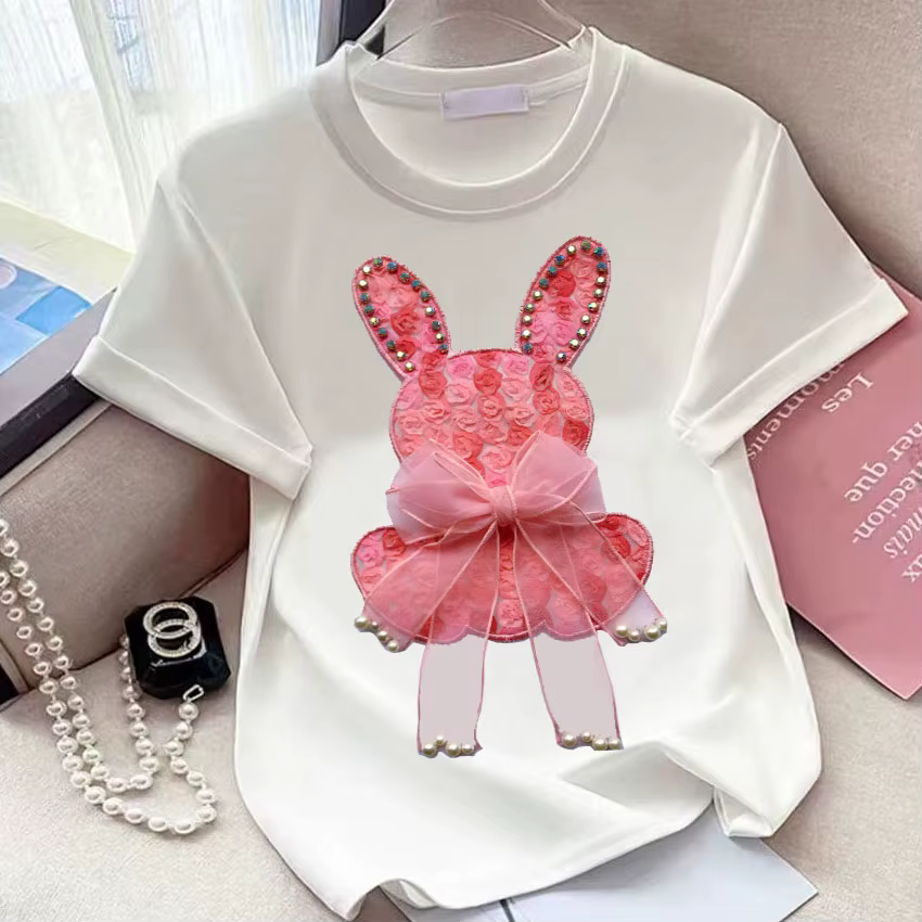 Boucle ours rose perles T-shirt lourd fait à la main Diomand brillant nœud papillon broderie