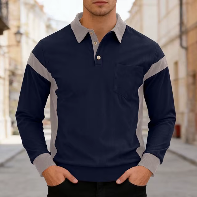 Nouveauté 2025 – Polos Homme Colorblock Tendance à Col Revers et Manches Longues avec Boutons pour Tenues Décontractées et Streetwear