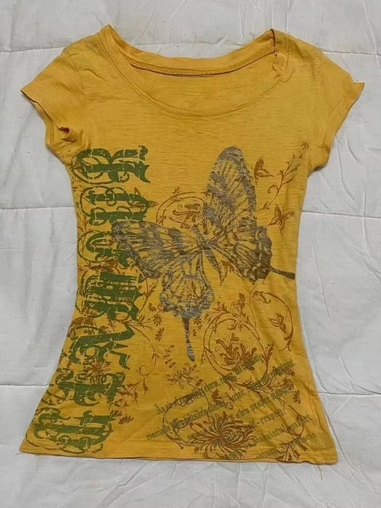 Femmes sous-culture Vintage violet imprimé T-Shirt été Y2k américain rétro mince t-shirts décontracté Harajuku Grunge hauts à la mode nouveau