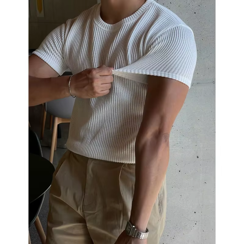 T-shirt côtelé ajusté pour homme - Col rond texturé à manches courtes