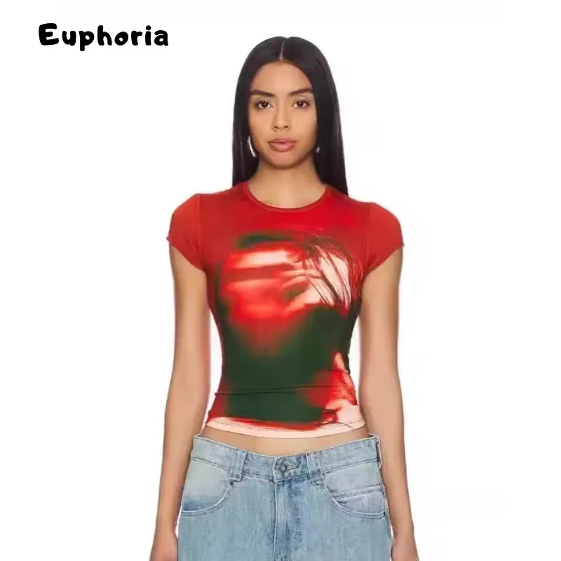 Euphoria-T-shirt graphique japonais Y2k, haut court à manches courtes Trashy, esthétique grunge, t-shirts plissés, Vintage Harajuku, années 2000, années 90