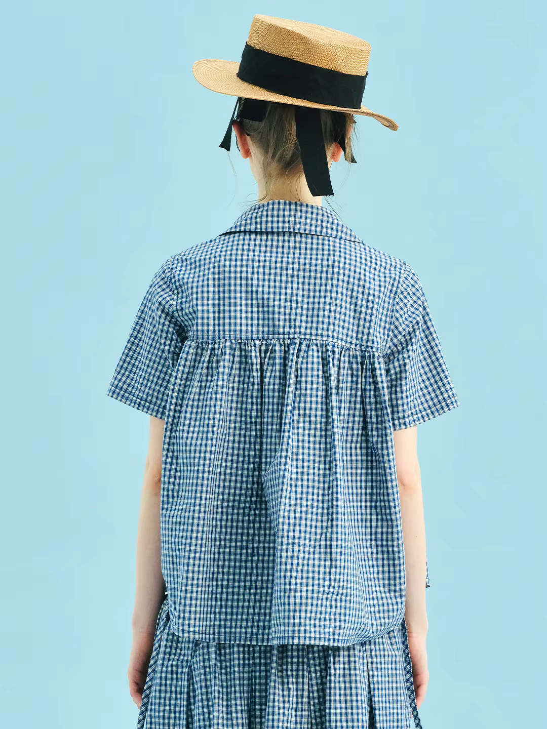 Chemise à carreaux bleue 2025 imakokoni style d'été pur coton lavé col de poupée dentelle manches courtes femmes 255011