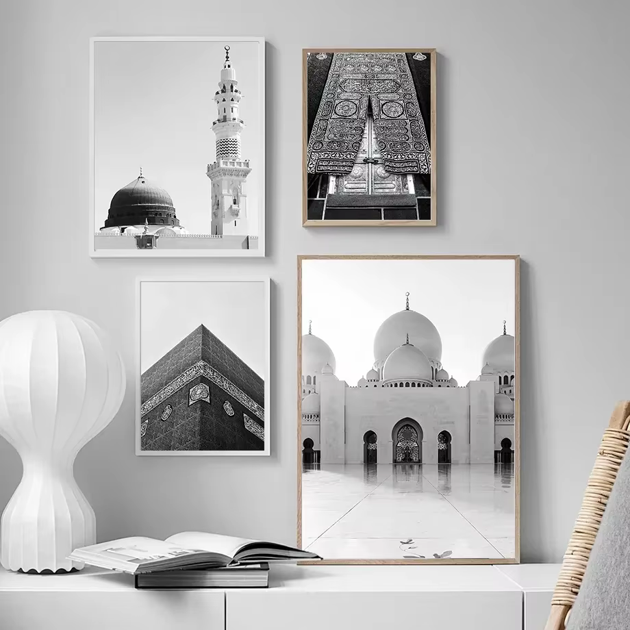 Tableau de paysage de mosquée islamique noir et blanc