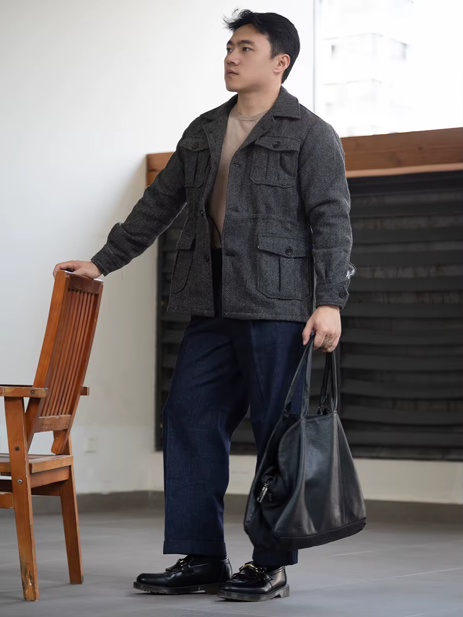 Veste de chasse en tweed à os de poisson en pure laine faite maison