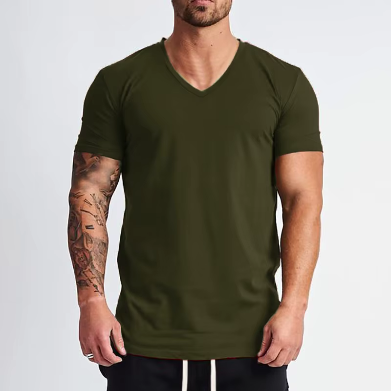 Nouvelle mode col en v T-shirt hommes coton coupe ajustée à manches courtes