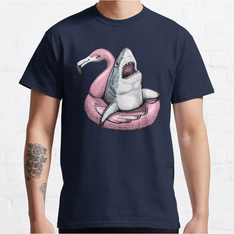 Mignon requin de piscine-Ahhh temps de détendre drôle océan animal à manches courtes col rond T-shirt pour hommes grande taille hauts pour adultes S-6xl