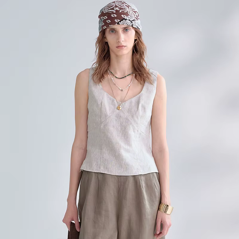 Nouveau débardeur élégant pour femme 100% lin à col en V et bordure en dentelle
