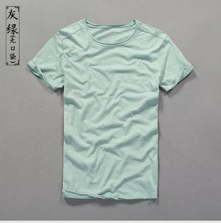 T-shirt col rond pour hommes en coton flammé en détresse mode d'été mince décontracté couleur unie col effiloché et