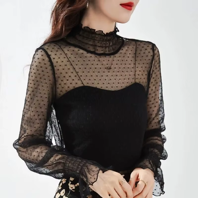 T-shirt sexy pour femme à col montant en maille