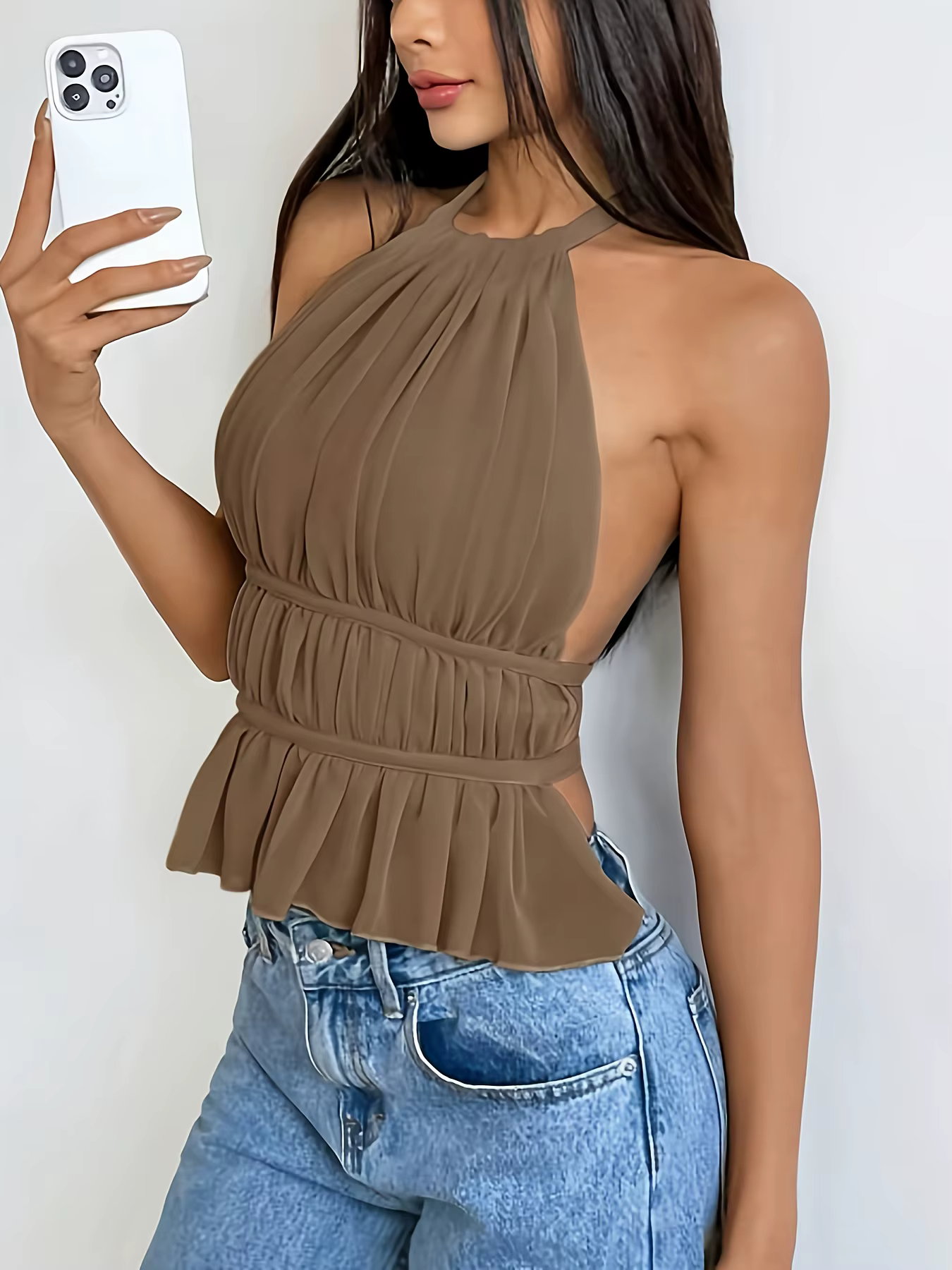 Débardeur Halter en Chiffon Marron pour Femme - Camisole Courte à Volants Froncés et Dos Nu à Nouer