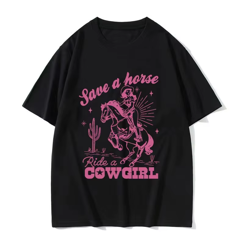 Save A Horse Ride A Cowgirl Imprimé T-shirt Hommes Femmes Rétro Esthétique Mode T-shirts Décontracté Surdimensionné