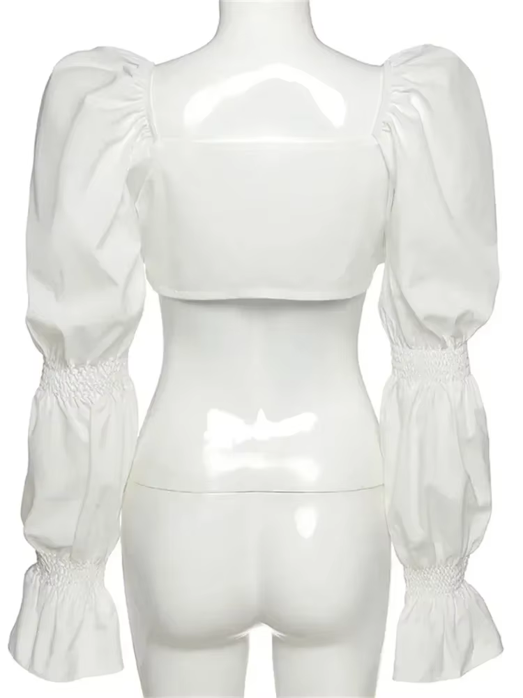Hauts et chemisiers blancs pour femmes, manches longues bouffantes, col carré, crop tops à nouer, chemises vintage élégantes et sexy pour l'automne