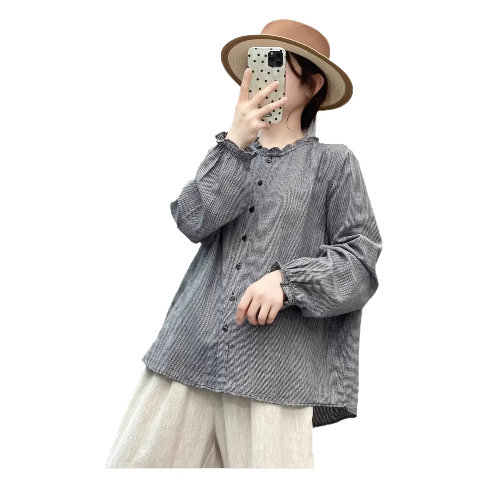 Chemise en coton à manches longues et col en dentelle élégante pour femme