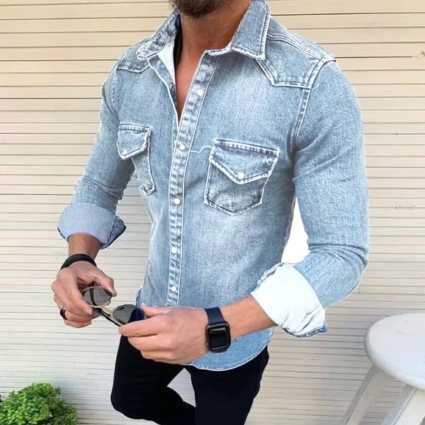 Version coréenne coupe ajustée décontracté mélange de coton à manches longues lavé vieille chemise en jean 2025 nouvelle chemise en jean pour hommes veste à la mode