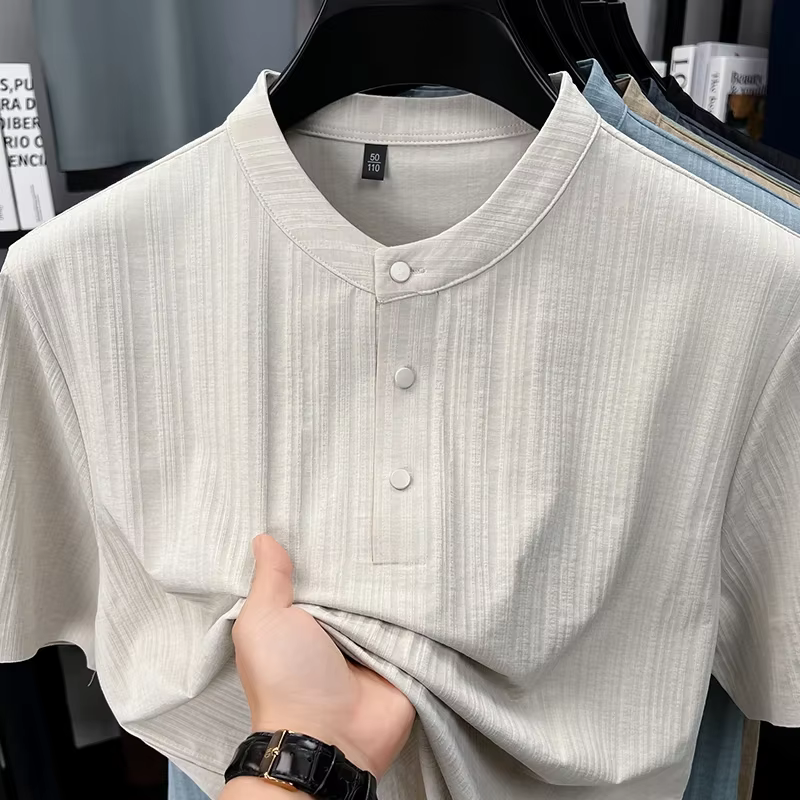 T-shirt Henley en lin texturé pour homme avec col mandarin