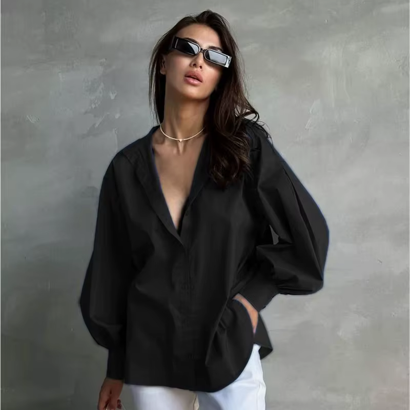 Élégant lanterne manches femmes chemise blanche 2025 nouvelle mode Streetwear surdimensionné Blouses décontracté col montant ample femmes chemises